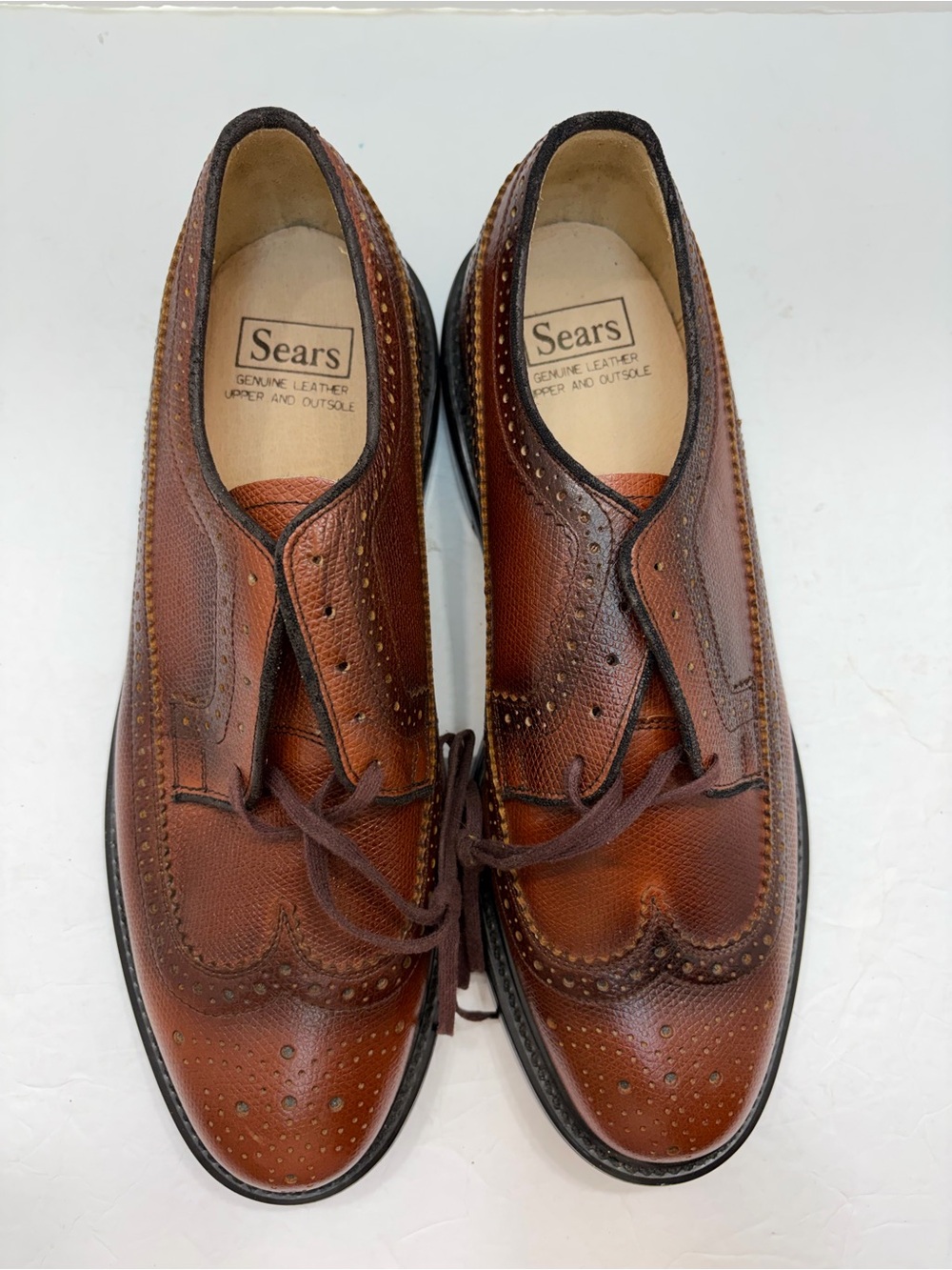 Vintage Sears Mens Brown Leather Wingtip Brogue Oxford Shoes Size 9EE 74607